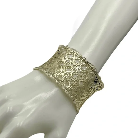 Kendra Scott Designer Candice Gold Tone Filigree Concave Wide Cuff Bracelet - Picture 4 of 13